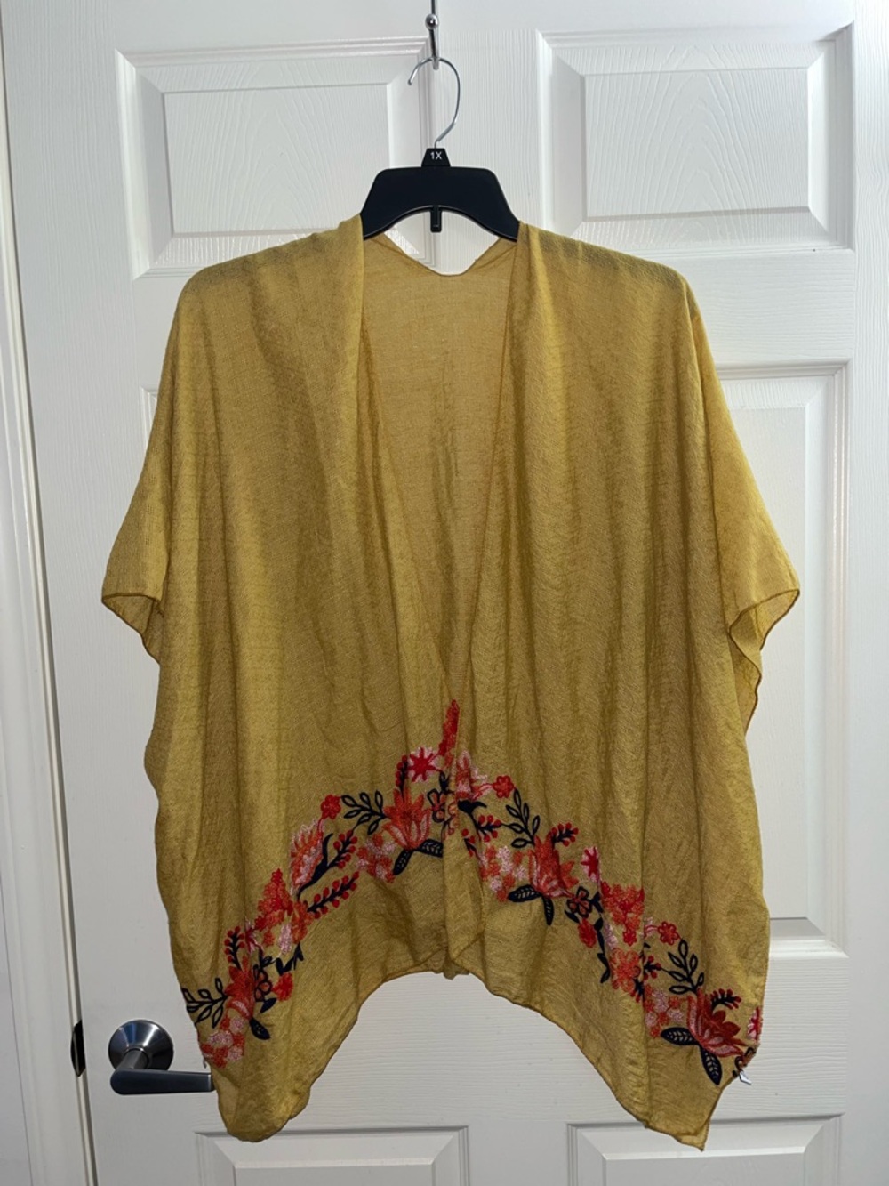 Mustard Floral Embroidered Open-Front Kimono Top
